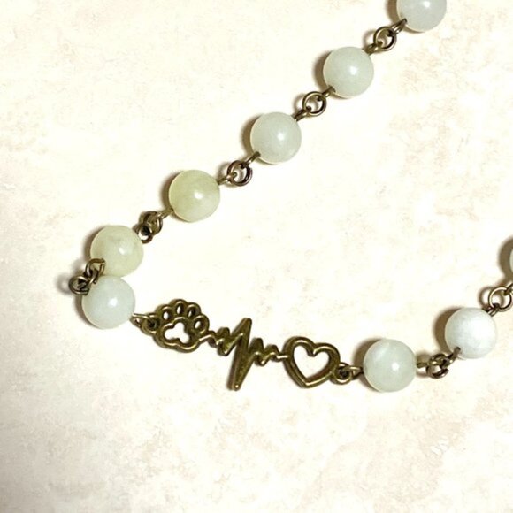 Genuine Pale Green Serpentine Necklace, Bronze Paw Print Heart Beat + Gemstone - Picture 7 of 14